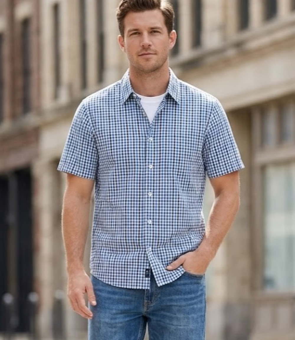 Gap Asher Mens Large Blue White Gingham Plaid Shirt Short Sleeve Button Down NWT